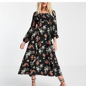 ASOS Black A-Line Dress with Bishop Sleeves and Square Neck